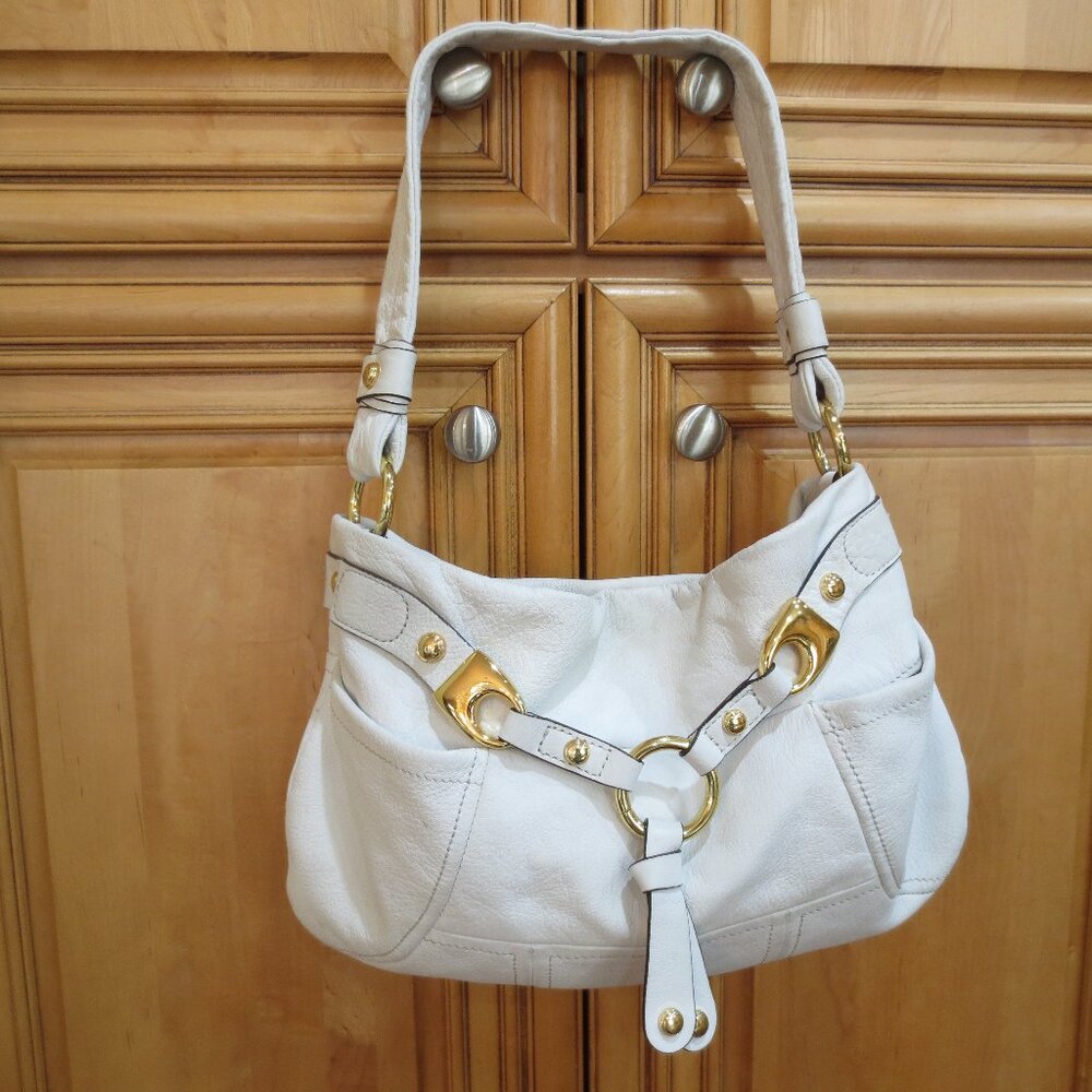 B Makowsky White Leather Shoulder Satchel Handbag with Gold Hardware